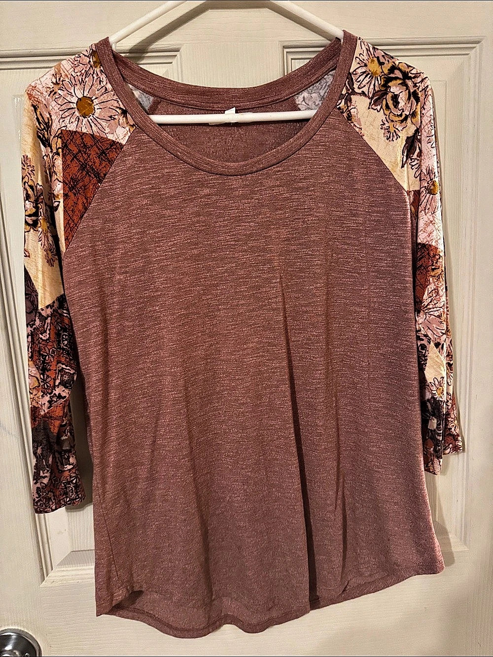 maurices Floral Patchwork Raglan Top Brown & Pink Medium